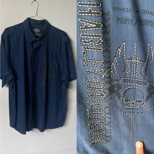 Harley-Davidson Navy Blue Skull Graphic Embroidered Shirt Size 3XL